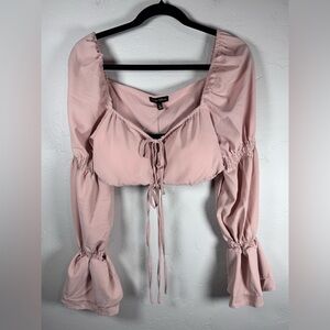 Kaylee Collection Tie Front Blush Pink Ruched Blouse Boho Western Size Medium